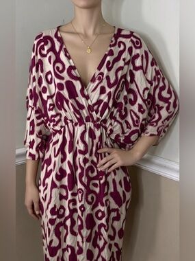 🎉 2 for $20! Women's Deep V-Neck Midi Dress in Cream and Magenta